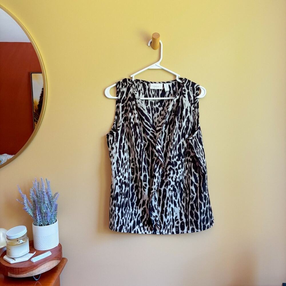 Chico's Animal Print Ruffle Front Sleeveless Blouse Black White Size 1